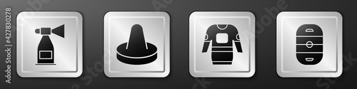 Set Air horn, Mallet for playing air hockey, Hockey jersey and Ice hockey rink icon. Silver square button. Vector