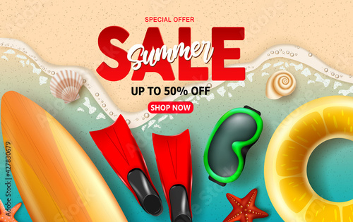 Summer sale vector banner design. Summer sale with up to 50% off text discount special offer for beach element like floater, flippers and googles for summer promo advertisement. Vector illustration