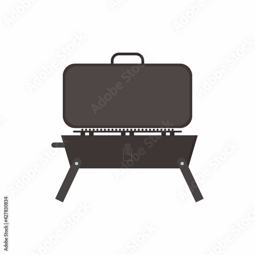 Barbeque grill icon. Portable grill with open lid isolated on white background. Metal cooking equipment for frying meat and vegetables. Picnic outdoor family fun concept. Vector cartoon chef