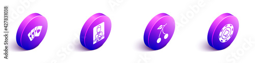 Set Isometric Deck of playing cards, Casino dealer, Casino slot machine with cherry and Casino chips icon. Vector