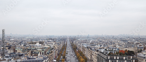 Panoramic view of Paris from Arc de Triomphe  center of Paris.
