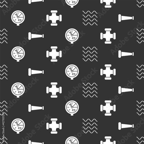 Set Wave, Industry metallic pipe, Water meter and Industry metallic pipe on seamless pattern. Vector