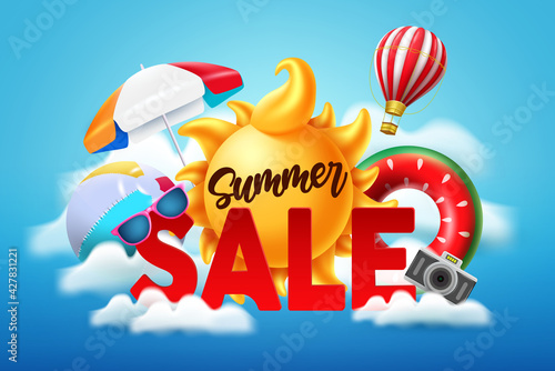 Summer sale vector banner design. Summer sale text with beach element like sun, beach ball, floater and umbrella for promo discount business advertisement background. Vector illustration
