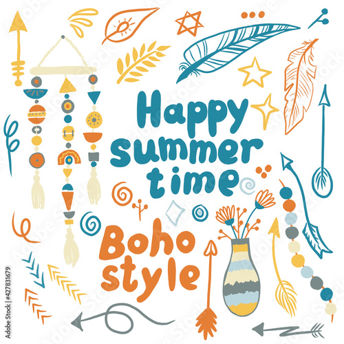 happy summer time in boho style, hand-drawn colored digital doodles isolated on a white background