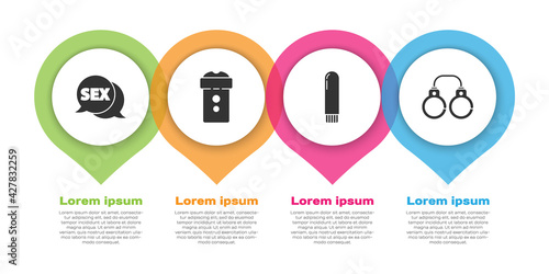 Set Speech bubble with Sex, Vagina masturbator, Dildo vibrator and Sexy fluffy handcuffs. Business infographic template. Vector