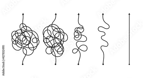 Complex and easy simple way from start to end. Chaos simplifying, problem solving and business solution searching challenge concept vector illustration set. Hand drawn doodle scribble chaos path lines