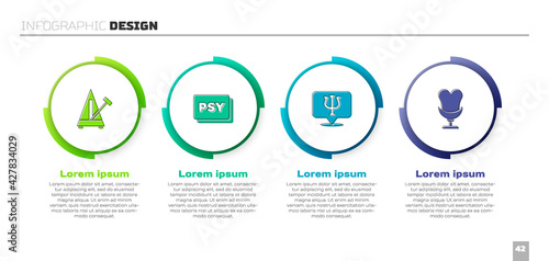 Set Metronome with pendulum, Psychology, Psi, and Armchair. Business infographic template. Vector