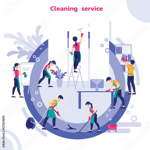 Group Of Janitors In Uniform Cleaning The Office With Cleaning Equipments, Vector illustration
