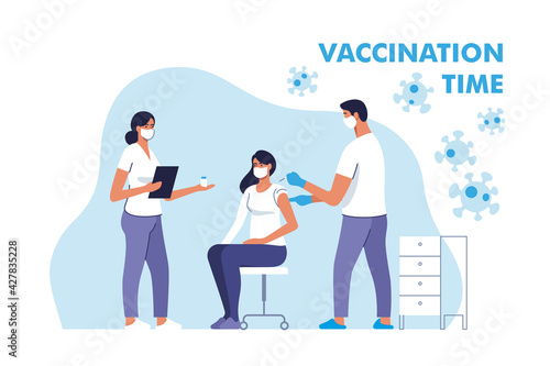 Coronavirus vaccination. Woman getting vaccinated against Covid-19 in hospital. Doctor injecting a patient, getting first shot of covid vaccine in arm muscle. Vector illustration.
