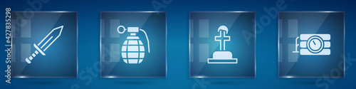 Set Sword, Hand grenade, Soldier grave and Dynamite timer clock. Square glass panels. Vector