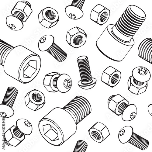 Vector seamless pattern with bolts, nuts and screw with cylinder head on white background