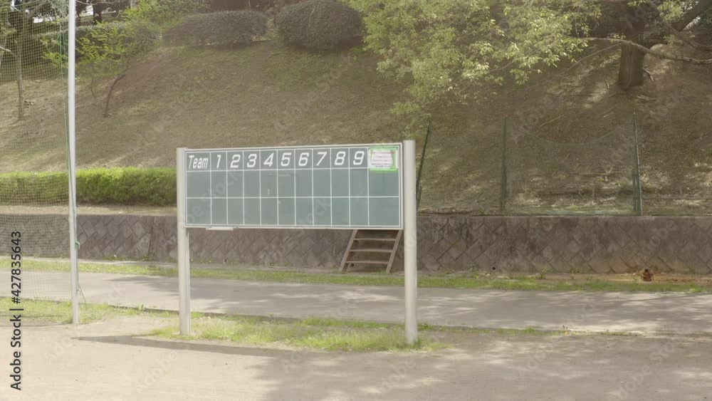 Panning shot of a baseball scoreboard as wind dramatically blows sand across the field. Impending feeling of a bout about to happen Panning shot of a baseball scoreboard as wind dramatically blows sand across the field. Impending feeling of a bout about to happen