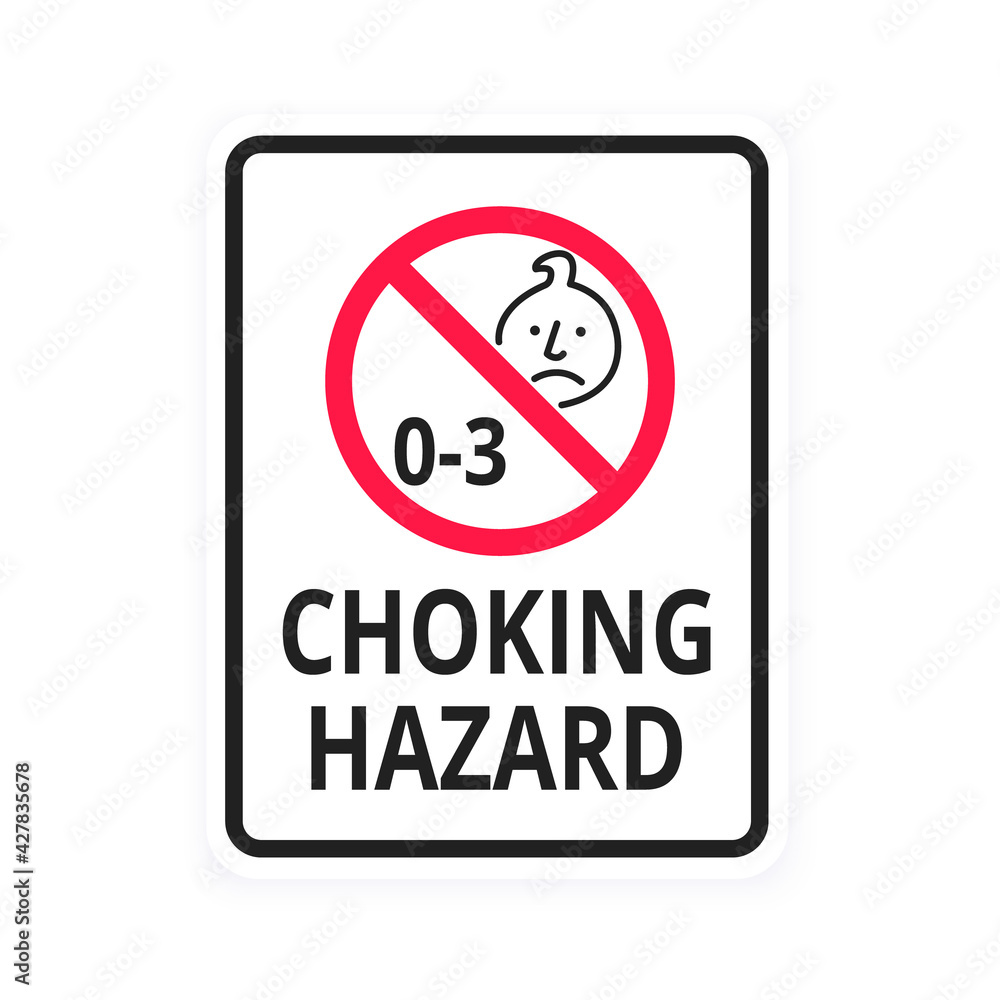 Choking warning hazard forbidden sign sticker not suitable for children under 3 years isolated on white background vector illustration. Warning triangle and examination mark, sharp edges. Choking warning hazard forbidden sign sticker not suitable for children under 3 years isolated on white background vector illustration. Warning triangle and examination mark, sharp edges.
