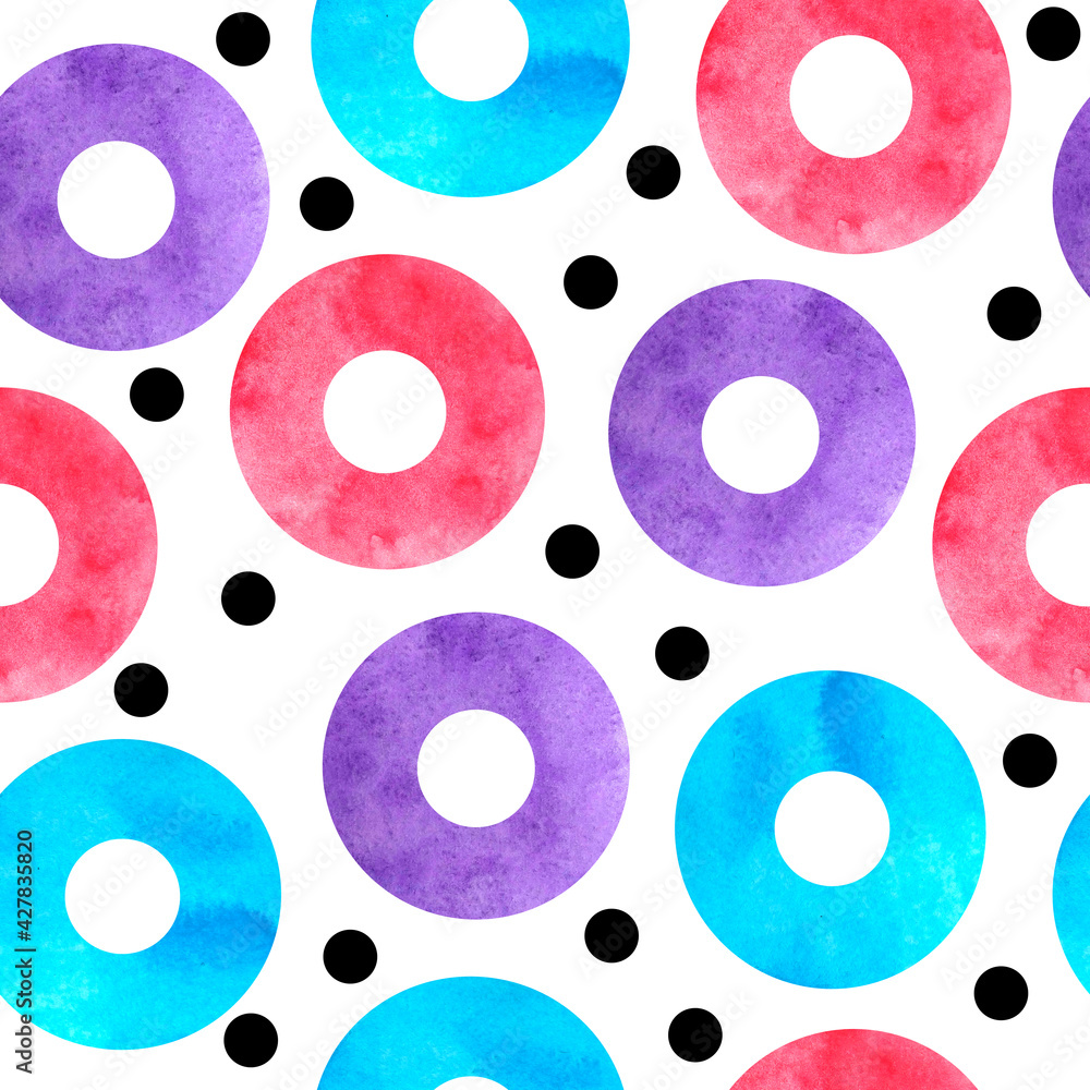Watercolor seamless hand drawn pattern of 90s 80s memphis abstract style. Bright blue yellow pink purple geometric circle zig zag elements, funky hipster design for textile fashion wrapping paper. Watercolor seamless hand drawn pattern of 90s 80s memphis abstract style. Bright blue yellow pink purple geometric circle zig zag elements, funky hipster design for textile fashion wrapping paper.