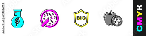 Set Test tube and flask, Petri dish with bacteria, Shield for bio healthy food and Genetically modified apple icon. Vector