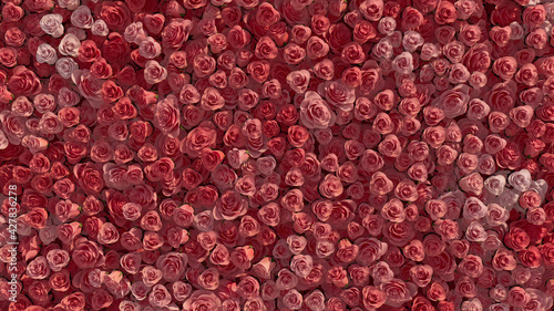 Colorful Flowers arranged to create a Vibrant wall. Pink, Romantic Background formed from Beautiful Roses. 3D Render