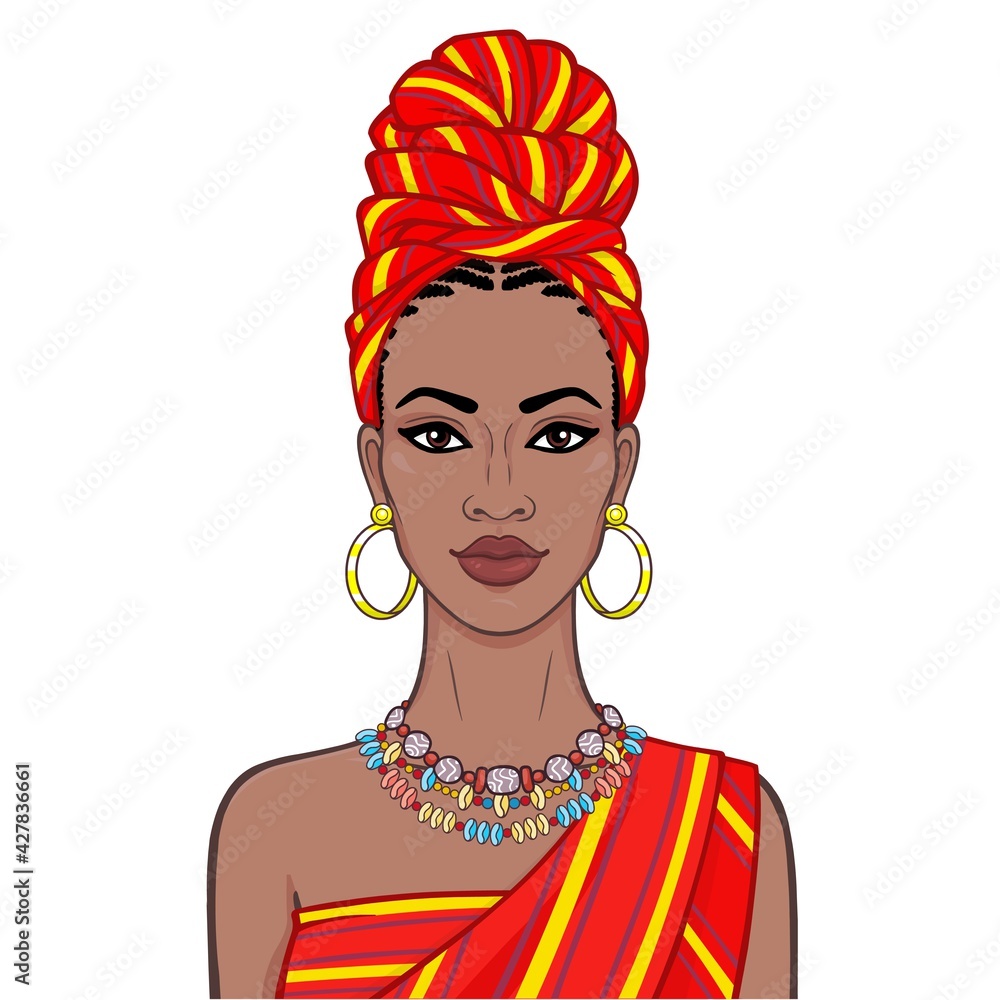 Animation portrait of the beautiful black woman in a turban and ethnic jewelry. Color drawing. Vector illustration isolated on a white background.Template for use. Animation portrait of the beautiful black woman in a turban and ethnic jewelry. Color drawing. Vector illustration isolated on a white background.Template for use.