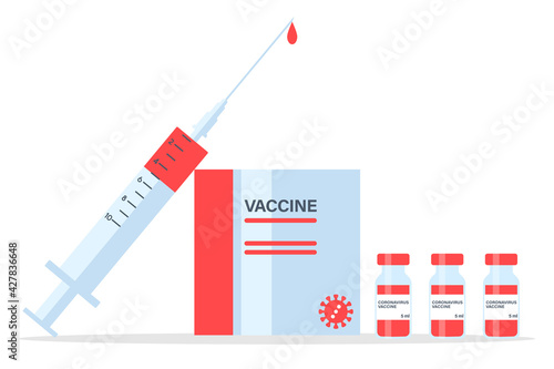 Covid-19 coronavirus vaccine. Syringe, medicine box and vaccine vials flat icons. Treatment for coronavirus covid-19. Vector illustration isolated on white background