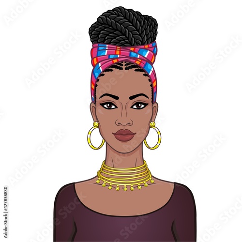 Animation portrait of the beautiful  black woman in a turban and gold jewelry. Ethnic style. Color drawing. Vector illustration isolated on a white background.Template for use.