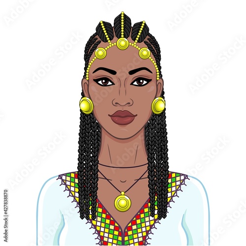African beauty: animation portrait of the  beautiful black woman in a Afro-hair and gold jewelry. Color drawing. Vector illustration isolated on a white background. Print, poster, t-shirt, card.