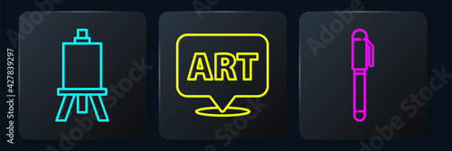 Set line Easel or painting art boards, Pen and Speech bubble with text art. Black square button. Vector