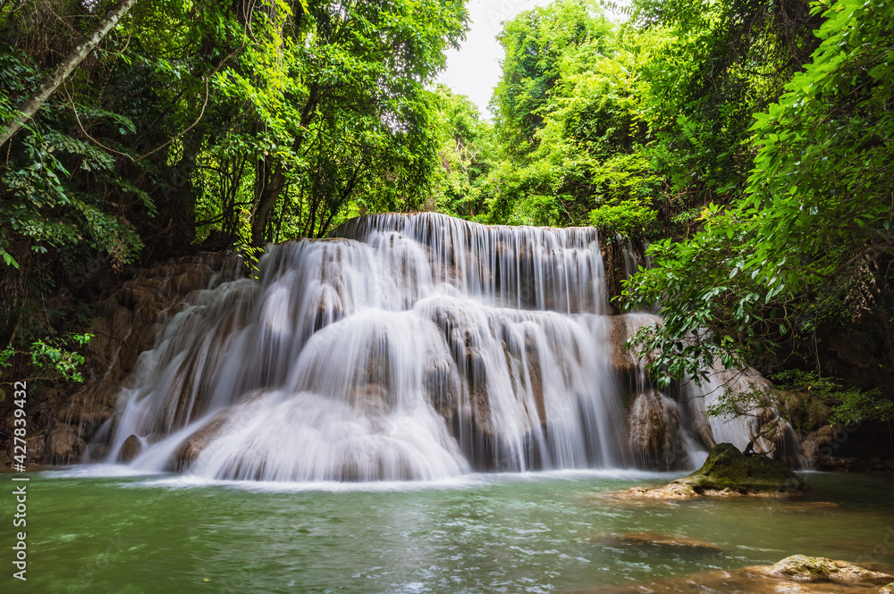 Landscape of Huai mae khamin waterfall Srinakarin national park at Kanchanaburi thailand.Huai mae khamin waterfall third floor 