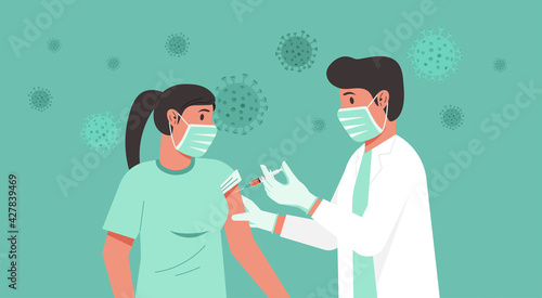 Immunization and vaccination flu shot concept, male doctor with medical protective suit, glove, mask inject syringe in patient arm, Covid-19 prevention with woman having vaccine, vector illustration