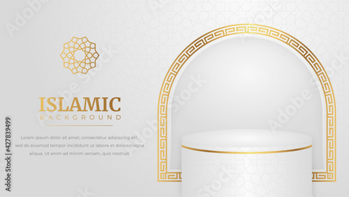 Eid Ramadan Kareem Islamic Podium Greeting Golden Golden Background in Luxury Gold Style