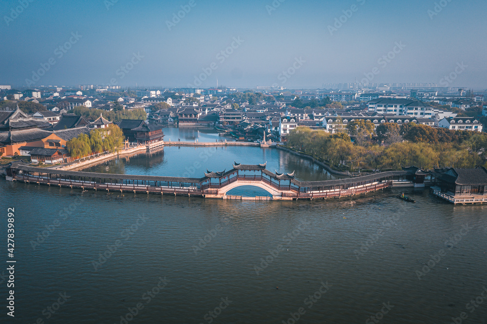 Aerial landscapes of the ancient buildings in Jinxi,  a historic canal town in southwest Kunshan, Jiangsu Province, China