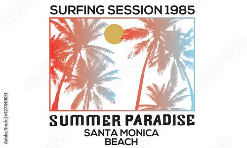 Surfing session summer paradise palms beach vector artwork. American beach vibes tee artwork design.