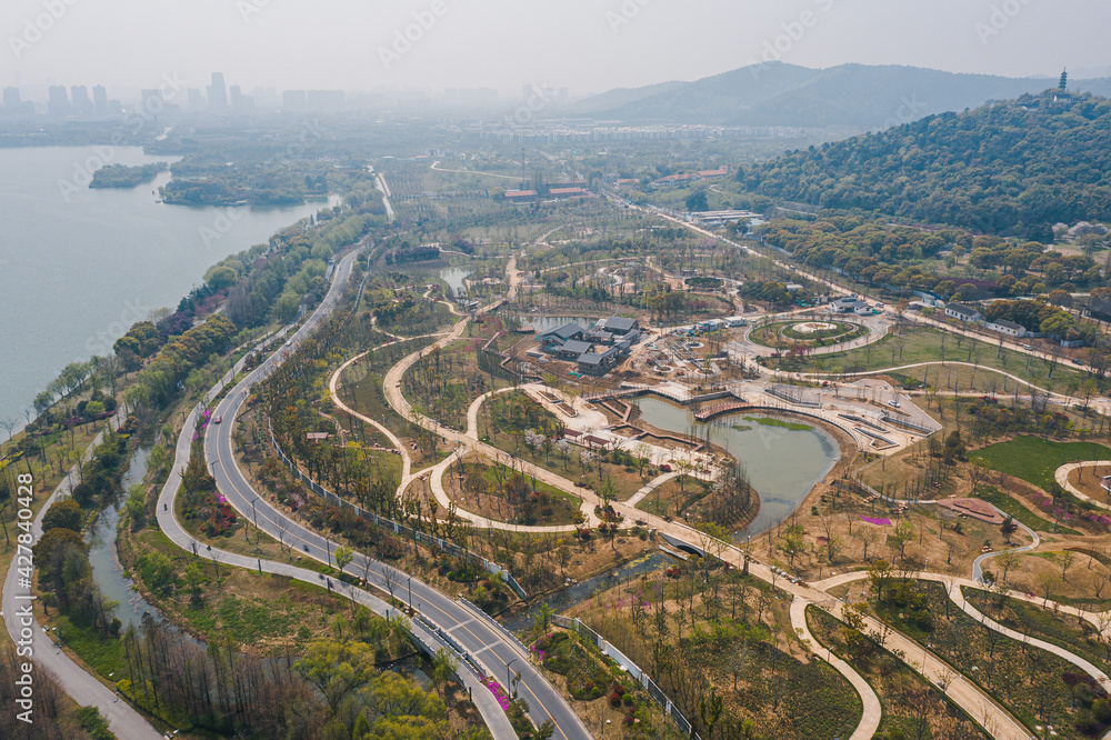 Aerial view of Shangfang Mountain, a natural forest park in Suzhou, China Aerial view of Shangfang Mountain, a natural forest park in Suzhou, China