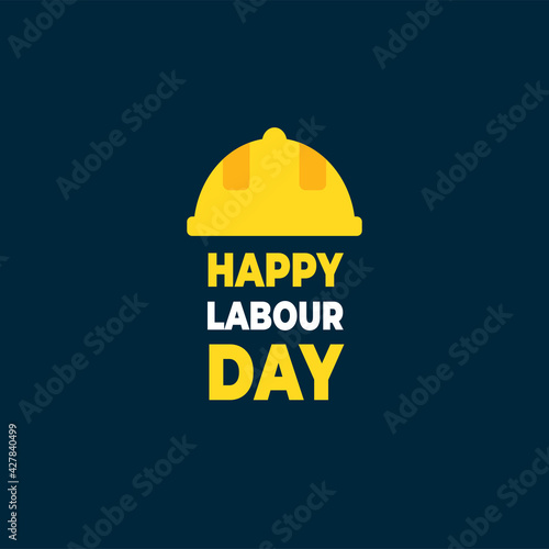 Happy labour day vector label, poster, social media post with yellow hard hats or helmet illustration on blue background.1st may workers day poster