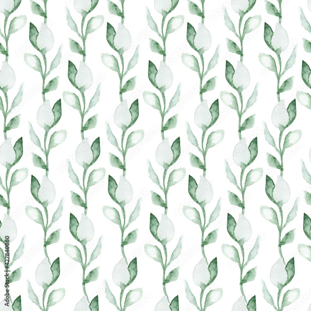 Watercolor seamless pattern with green leafs and branches. Hand drawn summer textile decoration botanical floral illustration.