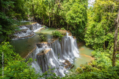 Landscape of Huai mae khamin waterfall Srinakarin national park at Kanchanaburi thailand.Huai mae khamin waterfall fourth floor  Chatkaew 