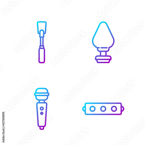 Set line Silicone ball gag with belt, Dildo vibrator, Leather whip and Anal plug. Gradient color icons. Vector