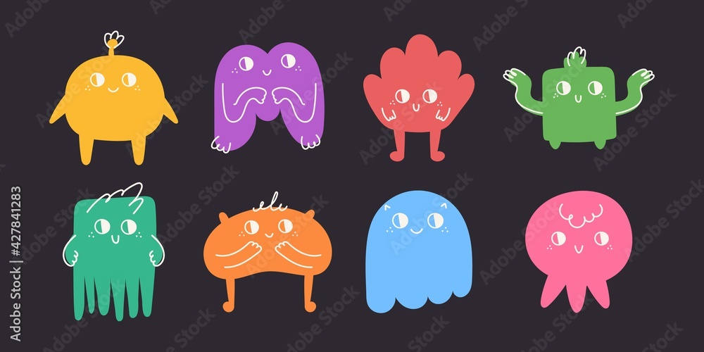Set of hand drawn doodle cute little monsters. Abstract colorful characters. Vector flat illustration on black background Set of hand drawn doodle cute little monsters. Abstract colorful characters. Vector flat illustration on black background