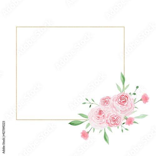Gold geometric frame with roses. Watercolor illustration. Decorative watercolor flowers. Compositions floral illustration.
