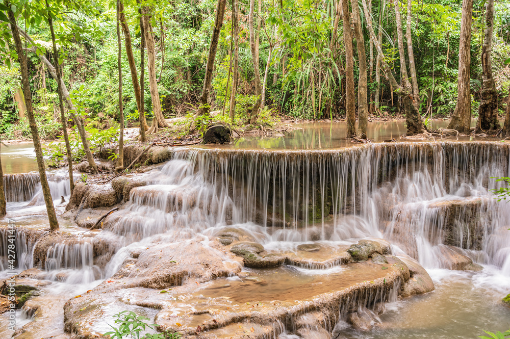 Naklejka premium Landscape of Huai mae khamin waterfall Srinakarin national park at Kanchanaburi thailand.Huai mae khamin waterfall sixth floor 