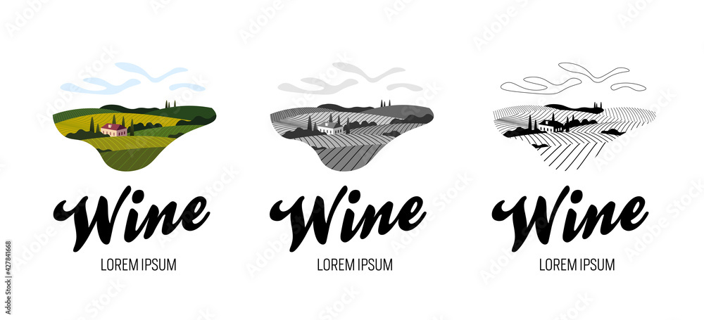 Rural vineyard fields, villa, trees set in colorful, grey, line vintage style. Trendy concept for wine list, bar or restaurant menu, labels and production package. Winery landscape eps illustration Rural vineyard fields, villa, trees set in colorful, grey, line vintage style. Trendy concept for wine list, bar or restaurant menu, labels and production package. Winery landscape eps illustration
