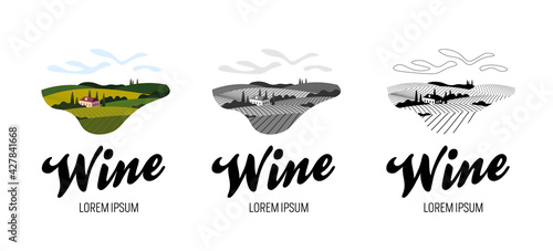 Rural vineyard fields, villa, trees set in colorful, grey, line vintage style. Trendy concept for wine list, bar or restaurant menu, labels and production package. Winery landscape eps illustration