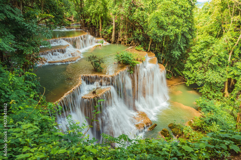 Landscape of Huai mae khamin waterfall Srinakarin national park at Kanchanaburi thailand.Huai mae khamin waterfall fourth floor 