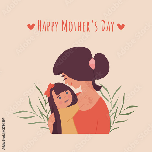 Cute little girl greeting her mother in a rose garden. Mother's day concept. Parent and child. Mom hugging her daughter with a lot of love and tenderness. Vector illustration in flat cartoon style