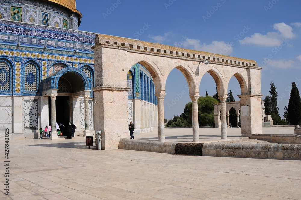Mosque of Al-aqsa (Dome of the Rock) in Old Town. There are many historical buildings in the courtyard of Masjid Aksa Mosque. Jerusalem, Israel.