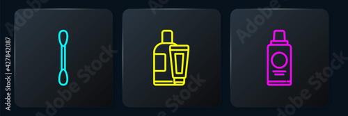 Set line Cotton swab for ears, Bottle of shampoo and Cream lotion cosmetic tube. Black square button. Vector