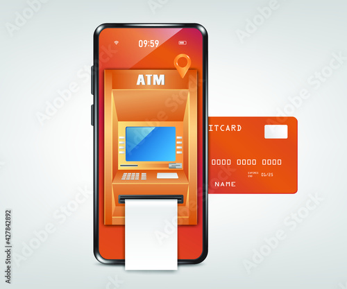 Receipt paper comes out of the ATM machine after inserting a credit card into the card slot,atm machine on smartphone for payment online and shopping online concept design,Atm on gray background