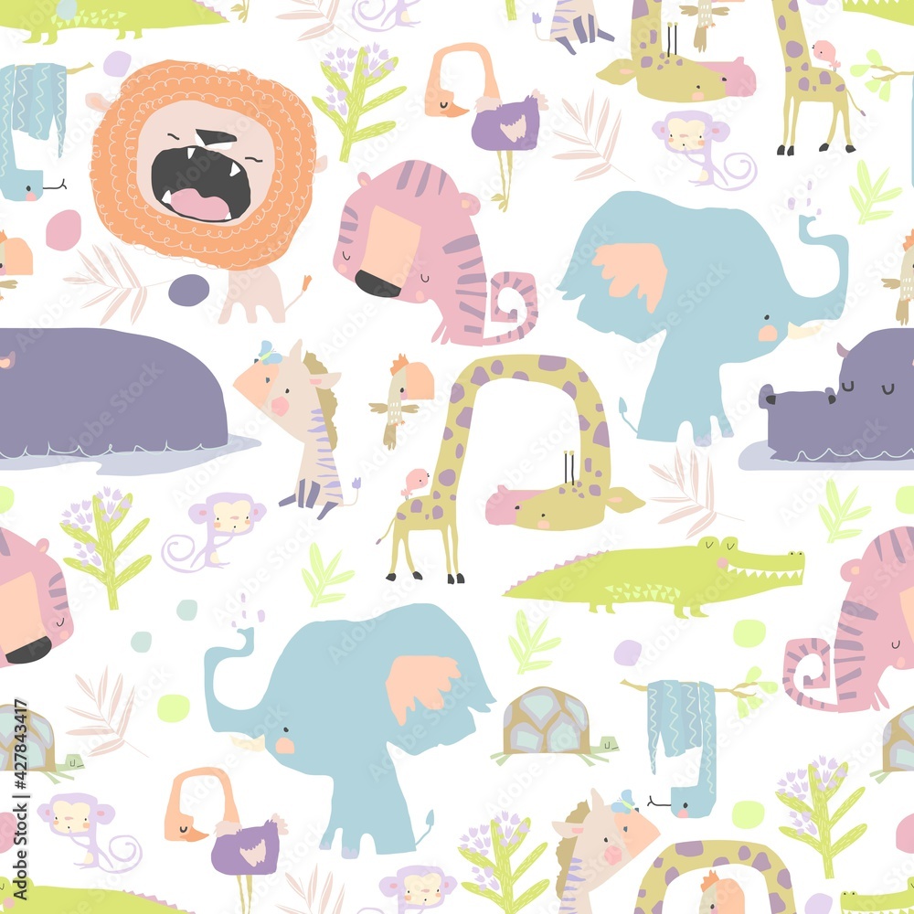 Fototapeta premium Seamless pattern with color wild animals on white background