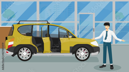 Happy businessman shows hands inviting to welcome to use the service. Luxury yellow cars With opening the door to look at the interior accessories. Inside showroom with road and city for background.
