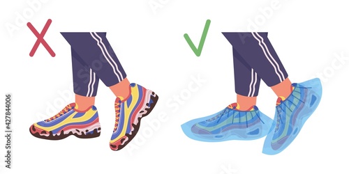 Illustration of dirty shoes and shoes with medical covers. Vector flat illustration.