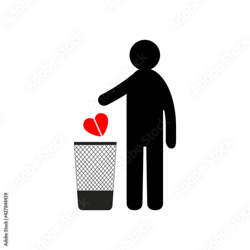 Man throws broken heart into trash can. Conceptual vector clipart and drawing. Isolated illustration on white background.  