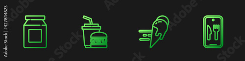 Set line Online ordering ice cream, and delivery, Paper glass burger and . Gradient color icons. Vector